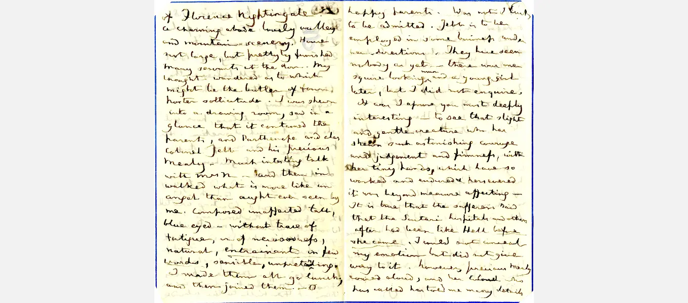 Part of the Duke’s letter to his sister describing his meeting with Florence Nightingale. He had suffered a ‘paralytic seizure’ of his right side (presumably a stroke) two years previously which severely affected his handwriting.