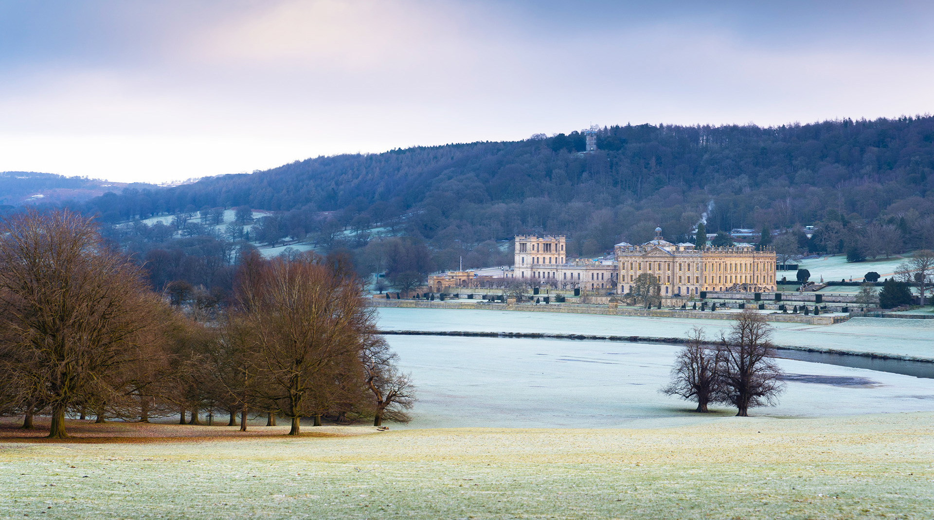 West front of Chatsworth House in winter